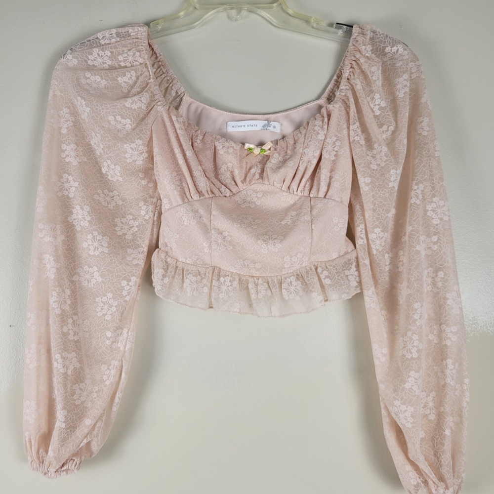 Altar'd State Womens XS Blush Pink Floral Lace Puff Sleeve‎ Crop Top